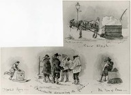 [Market scenes] Carriole and woodsleigh. Snow sleigh. Market boy. Habitants discussing the roads. The pipe of peace.
Scènes de marché.

Monochrome wash
original sketch for Recollection of Canada (Pub’d 1873)