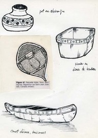 Pot en céramique
panier en écorce de bouleau
Raquette foliée, Nord, Montagnais, Saguenay-Lac-Saint-Jean, Québec, Canada (Powell)
Canot d’écorce, micmacs
Dessins au trait