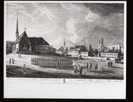 Vue de la Cathédrale, du Collège des Jésuites et de l’Église des Récollets prise de la Porte du Gouvernement.