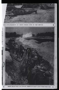 Troops, ready for a gas attack, creeping warily along their trenches.