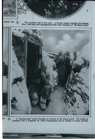 A “hearing post” (poste d’écoute) in advance of the firing trench. The shelter is equipped with a telephone by which headquarters can be advided of enemy activity.