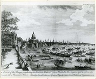 A view of the barges conducting his Danish Majesty from Whitehall to the temple (Sept. 23 1768) in his way to the Manson house.