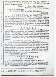 Avertissement
Il a été perdu,
Il y a environ dix jours, en faisant la ronde des Ramparts, une montre d’argent, de l’ouvrage de John Jonhston, London, No 412, attachée avec une Ruban verd, auquel est attaché un Cachet qui a pour devise, A vous seul. Celui qui l’a trouvé, et qui la remettra chez l’imprimeur, recevra quatre piastres de Rocompense.
