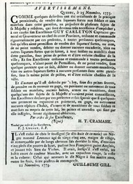 Il s’est enfui de chés le soussigné (le dix-huit de ce mois) un Négre nommé Lowcanes âgés de vingt-cinq ans, maigre de visage, et remarquable par de longs cheveux liés derrière la tête, d’environ cinq pieds dix pouces de haut, parlant bon Français et point Anglais, et jouant très bien du Violon. il avait, lorsqu’il s’est enfui, un habit court de couleur blanche, avec un capuchon rouge, la veste ou ses frais, seize piastres de recompense.
Guillaume Gill