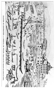 Chantier de construction à l'arsenal de Toulon. Dessin tiré d'un manuscrit aux armes de Colbert. 
Date présumée : 1669