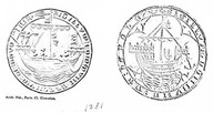 Les progrès de la navigation...
Le sceau de la ville de Douvres (1281) représente un navire qui utilise encore pour se gouverner une rame-gouvernail; le bâtiment qui figure sur le sceau de Greenwich (XIIIe siècle) est mû au contraire par un gouvernail d,étambot. 