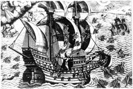 1492. Probablement la représentation du voyage de C. Colomb (3 caravelles) et du passage où les marins se réjouissent car la nourriture (tout un banc de poissons volants) serait arrivée directement sur le tillac des caravelles...  