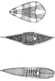 Dessin de Claude Bouchard sur calque. 
Différentes formes de raquette et différentes façon de tresser. 