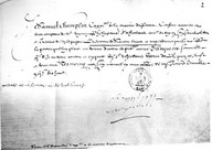 Transcription d'une quittance où apparaît la signature de Champlain qui confirme avoir perçu une certaine somme d'argent. 