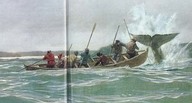 Tableau d'hommes sur une chaloupe malmenée par le passage d'un animal marin (probablement une baleine).