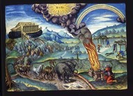 Illustration qui semble évoquer l'arrivée de l'Arche de Noé sur le Mont Ararat en Turquie et le débarquement des animaux et des hommes sur cette nouvelle terre. 