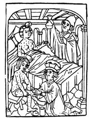 Dessin tiré du Codex Florentin, dans lequel un couple de malades reçoit des soins. 