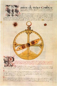 Page avec lettrines enluminées et en son centre un astrolabe. 
