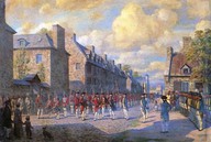 Landemain de la capitulation de Montréal, les troupes britanniques sous les ordres du colonel Haldimand entre de la ville. Les soldats français rendent les armes sans pouvoir arborer leur drapeau puisque les honneur de la guerre leur ont été refusés.